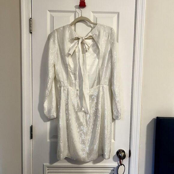 Amsale Dress Ivory White Sequin Open Back Bow Long Sleeve Sheath Mini Zip Size 6 - Picture 7 of 12